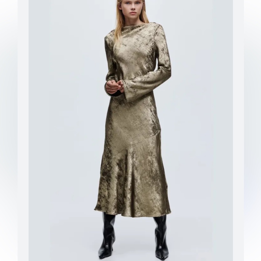 NWT H&M Open Back Satin Long-Sleeve Gold Metallic Midi Dress